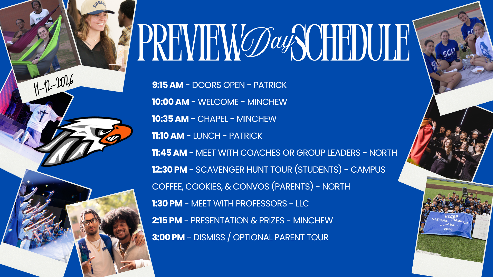 Preview Day Schedule - Starts at 9:15 AM and ends at 3:00 PM with dismissal